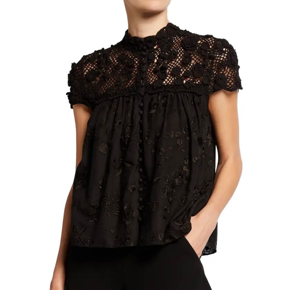 Alice + Olivia Ilaria Crochet Yoke Button-Down Top